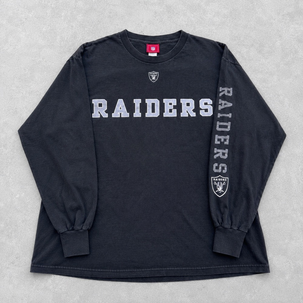 NFL Oakland Raiders Long Sleeve Graphic T-Shirt Black Mens XL Spellout Logo